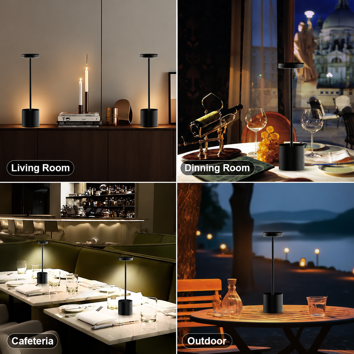 Gold rechargeable cordless LED desk lamp with round head, slim stem and cylindrical base