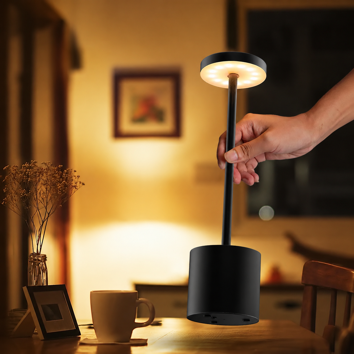 Gold rechargeable cordless LED desk lamp with round head, slim stem and cylindrical base