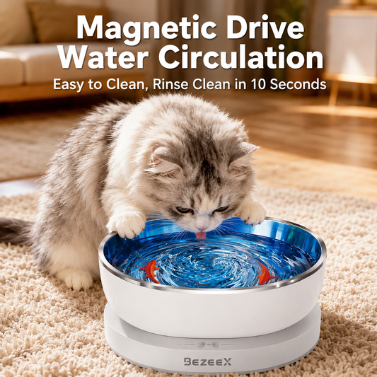 White automatic pet water fountain with stainless steel tray and blue rotating centre