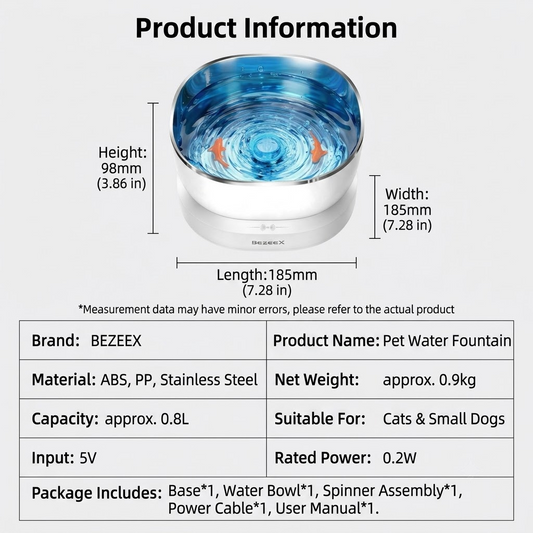 White automatic pet water fountain with stainless steel tray and blue rotating centre