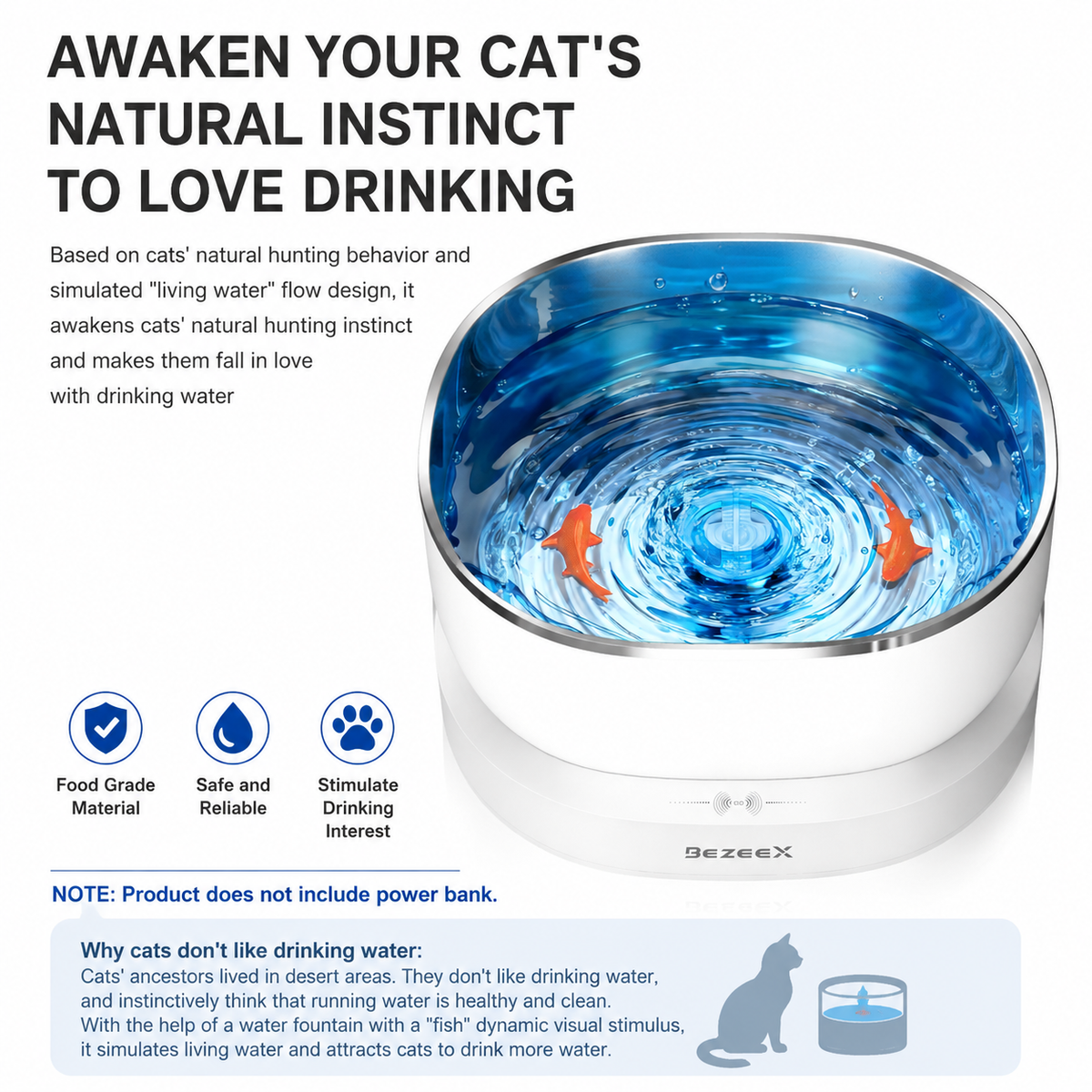 White automatic pet water fountain with stainless steel tray and blue rotating centre
