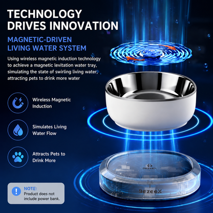 White automatic pet water fountain with stainless steel tray and blue rotating centre