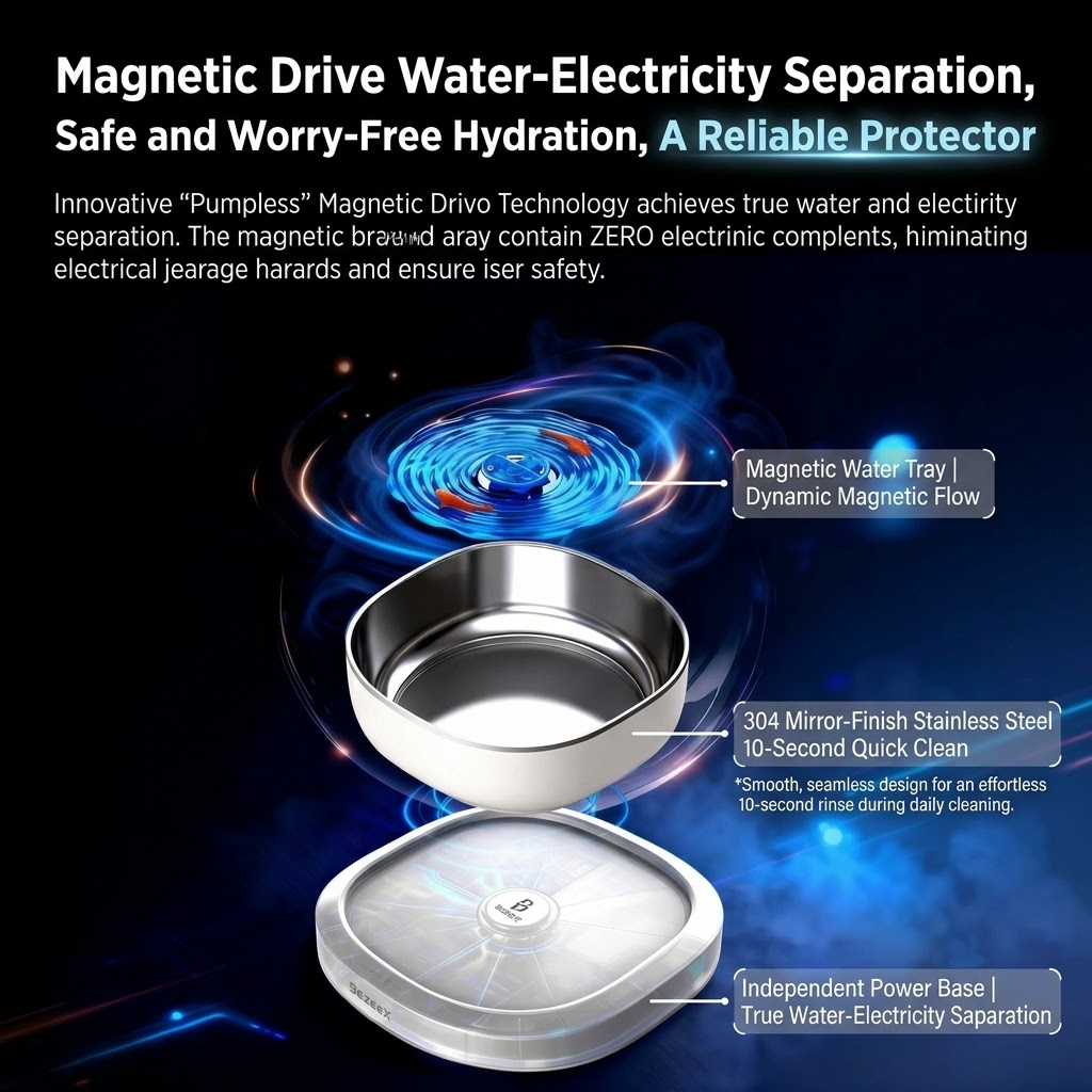 White automatic pet water fountain with stainless steel tray and blue rotating centre