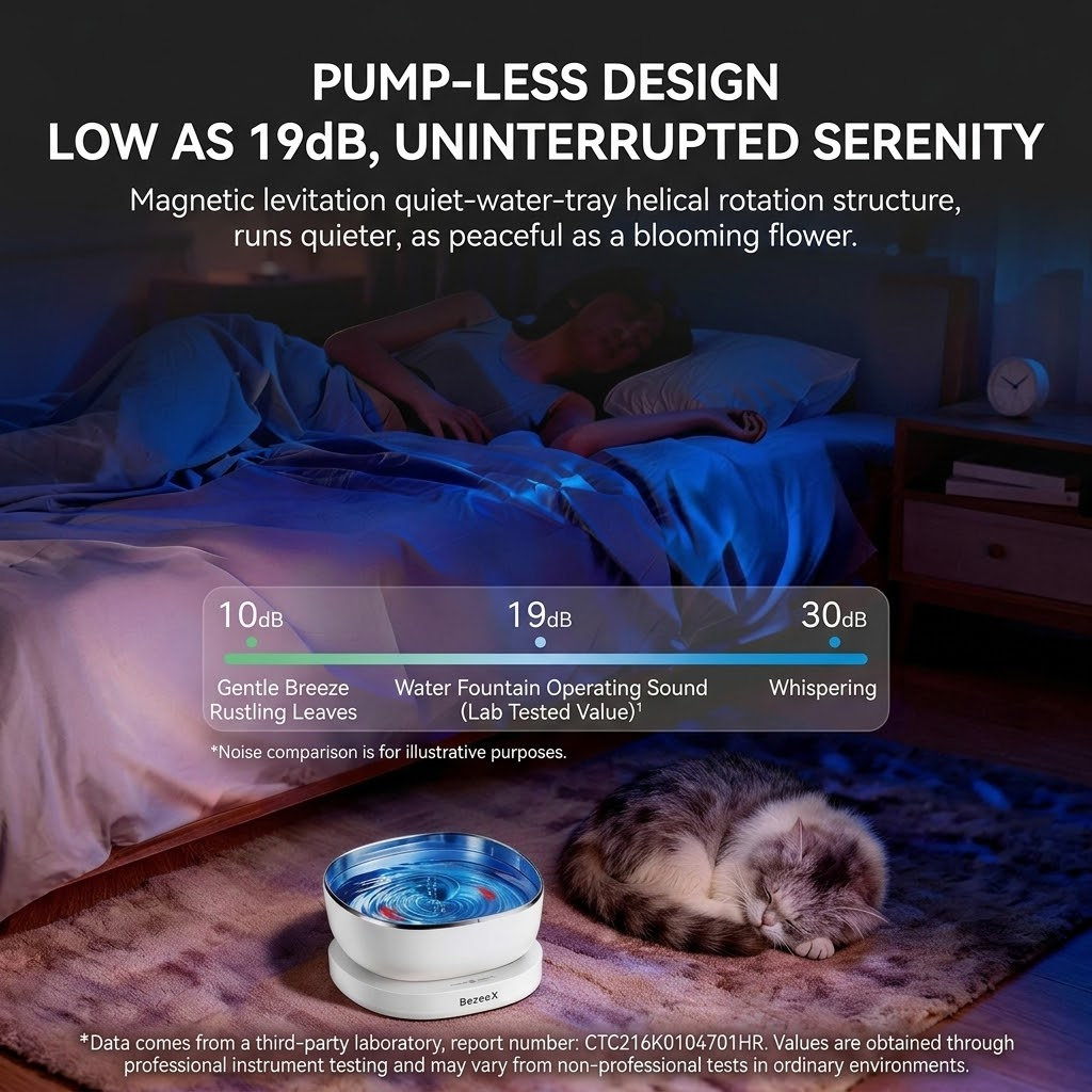 White automatic pet water fountain with stainless steel tray and blue rotating centre