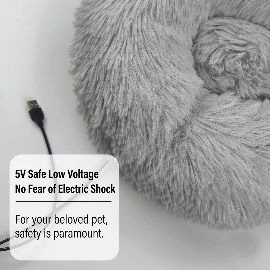 Round faux fur heated pet bed with USB lead and non-slip base