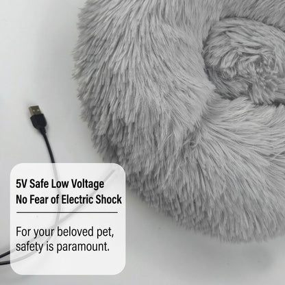 Round faux fur heated pet bed with USB lead and non-slip base