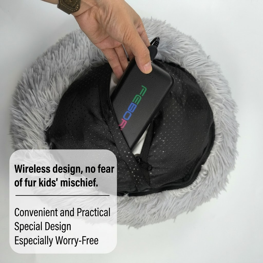 Round faux fur heated pet bed with USB lead and non-slip base