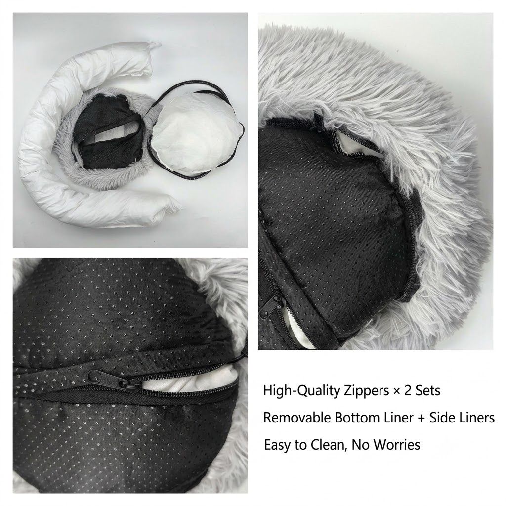 Round faux fur heated pet bed with USB lead and non-slip base