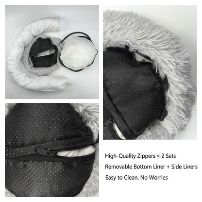 Round faux fur heated pet bed with USB lead and non-slip base