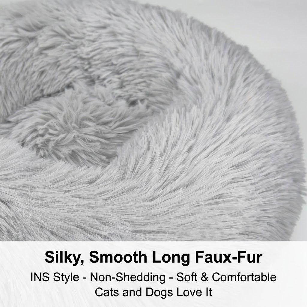 Round faux fur heated pet bed with USB lead and non-slip base