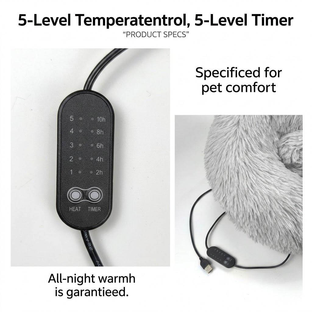 Round faux fur heated pet bed with USB lead and non-slip base