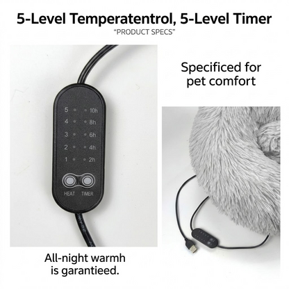 Round faux fur heated pet bed with USB lead and non-slip base