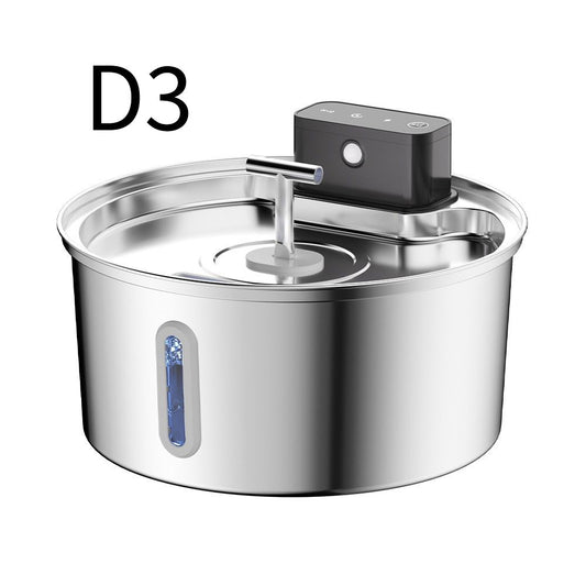 Silver stainless steel wireless pet water fountain with blue water level window