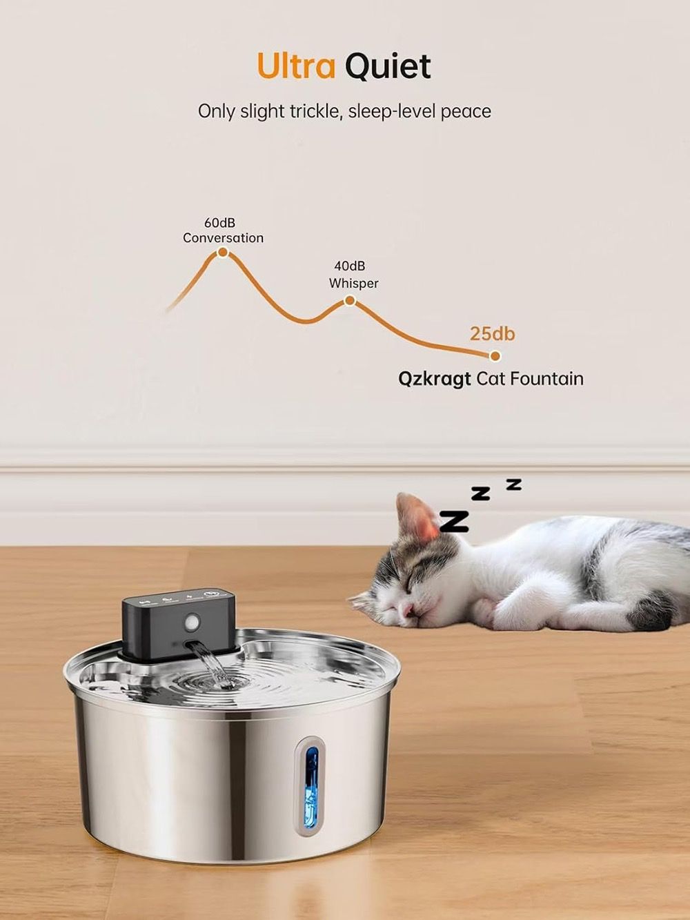 Silver stainless steel wireless pet water fountain with blue water level window