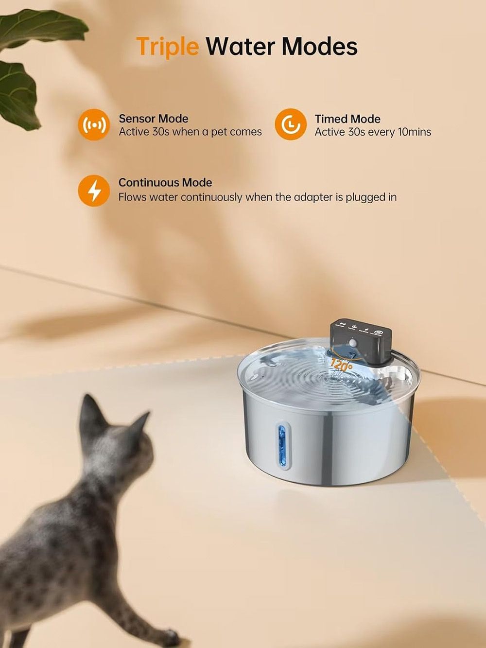 Silver stainless steel wireless pet water fountain with blue water level window