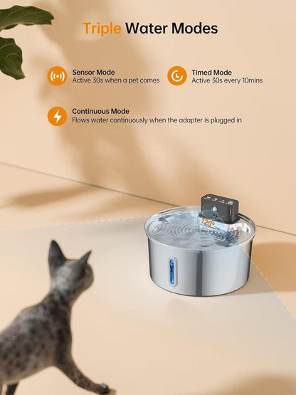 Silver stainless steel wireless pet water fountain with blue water level window
