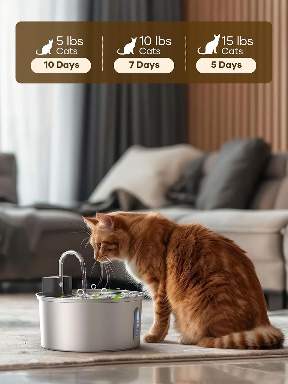 Silver stainless steel wireless pet water fountain with blue water level window