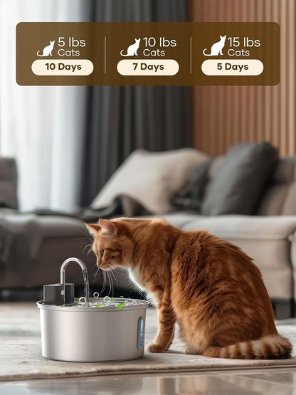 Silver stainless steel wireless pet water fountain with blue water level window