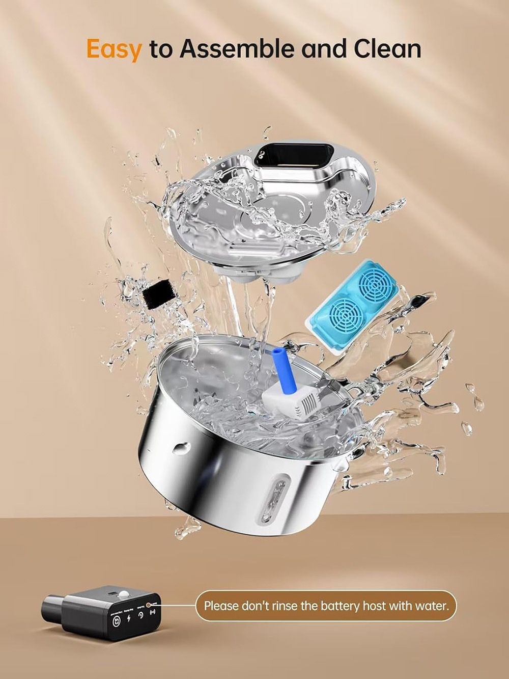 Silver stainless steel wireless pet water fountain with blue water level window