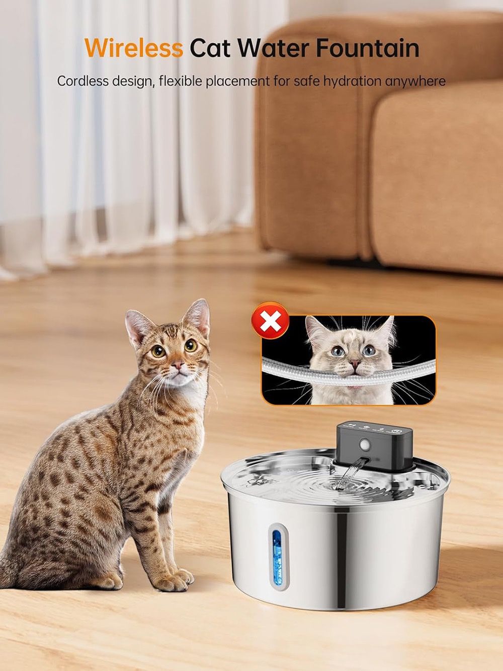 Silver stainless steel wireless pet water fountain with blue water level window