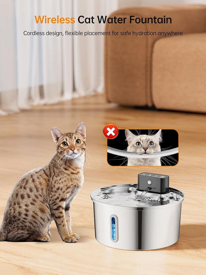 Silver stainless steel wireless pet water fountain with blue water level window