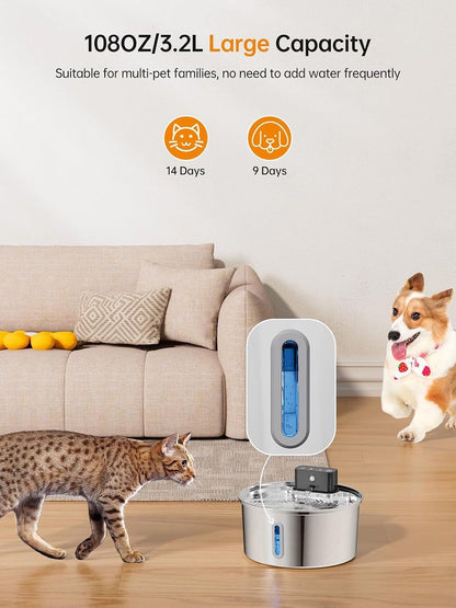 Silver stainless steel wireless pet water fountain with blue water level window