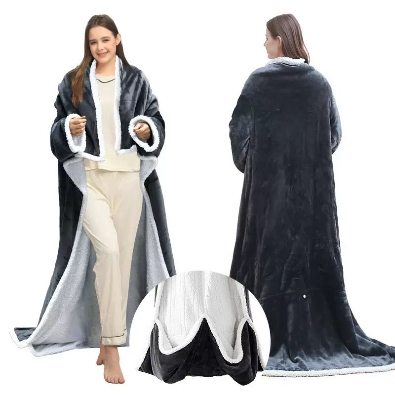 Grey wearable heated blanket with sleeves, foot pocket and white sherpa trim