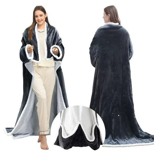 Grey wearable heated blanket with sleeves, foot pocket and white sherpa trim