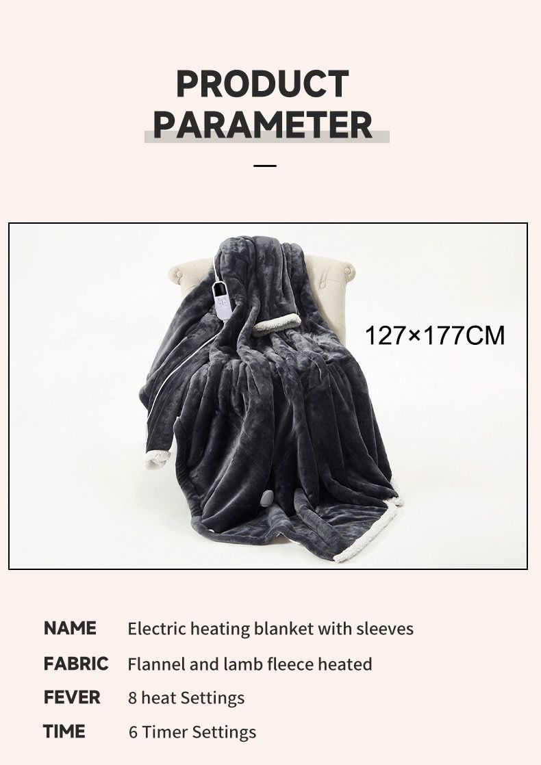 Grey wearable heated blanket with sleeves, foot pocket and white sherpa trim