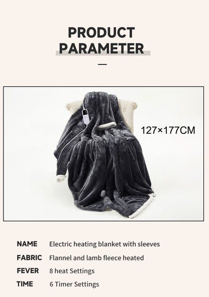 Grey wearable heated blanket with sleeves, foot pocket and white sherpa trim
