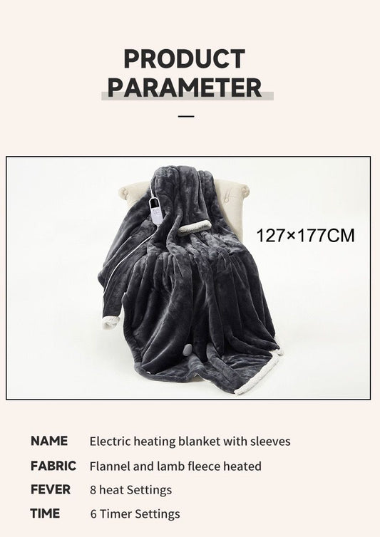 Grey wearable heated blanket with sleeves, foot pocket and white sherpa trim