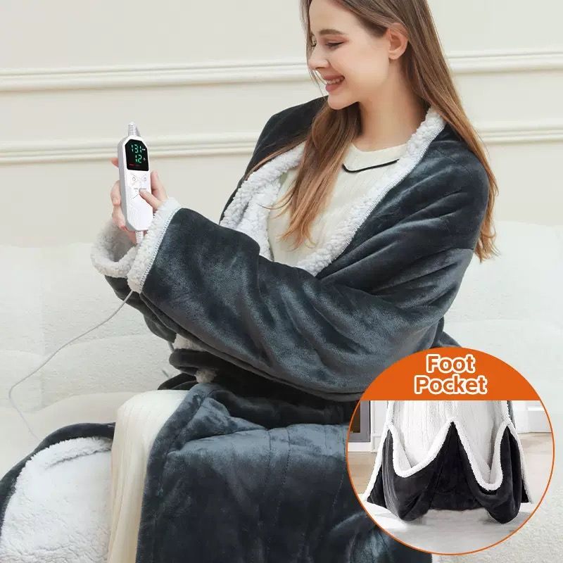 Grey wearable heated blanket with sleeves, foot pocket and white sherpa trim