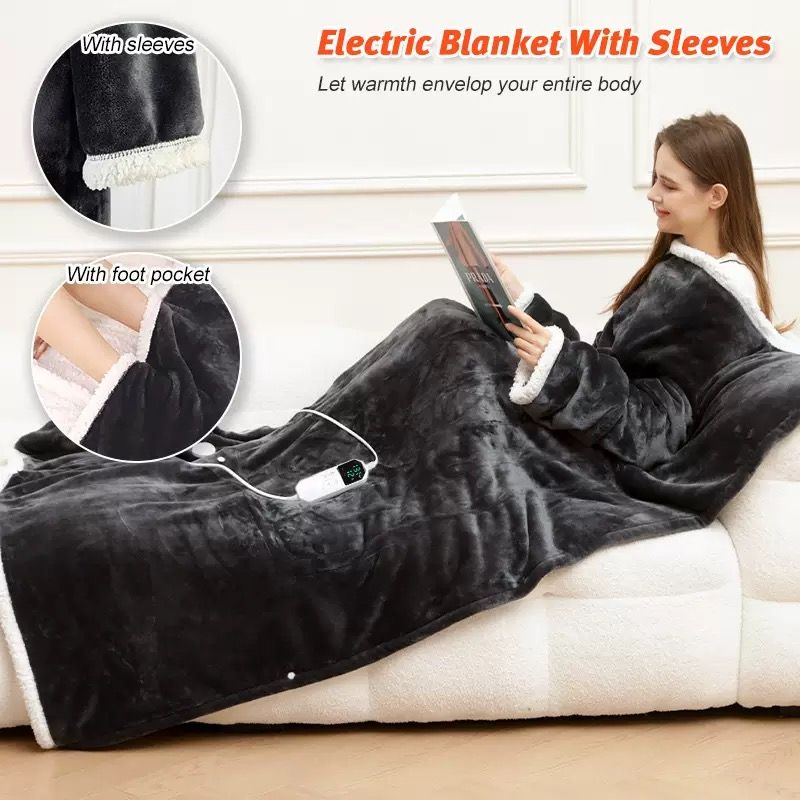 Grey wearable heated blanket with sleeves, foot pocket and white sherpa trim