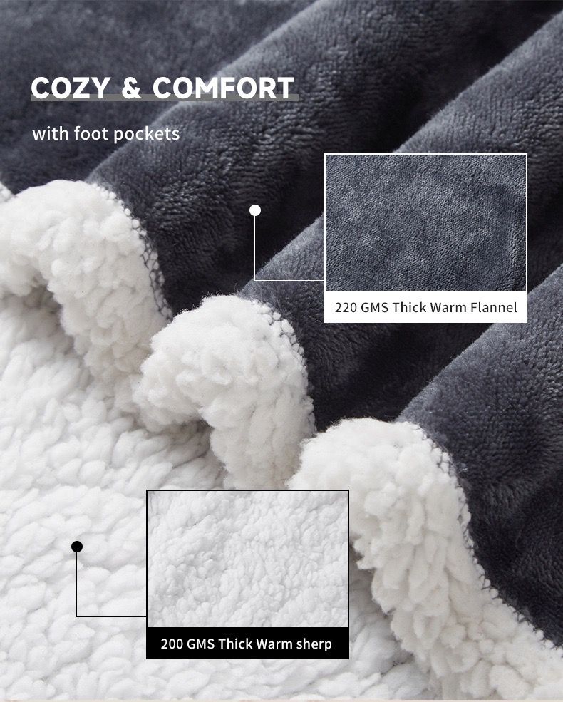 Grey wearable heated blanket with sleeves, foot pocket and white sherpa trim
