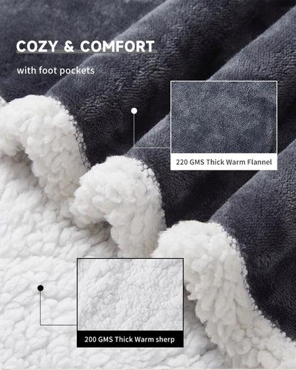 Grey wearable heated blanket with sleeves, foot pocket and white sherpa trim