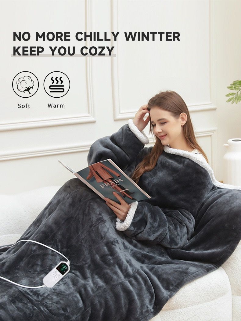 Grey wearable heated blanket with sleeves, foot pocket and white sherpa trim