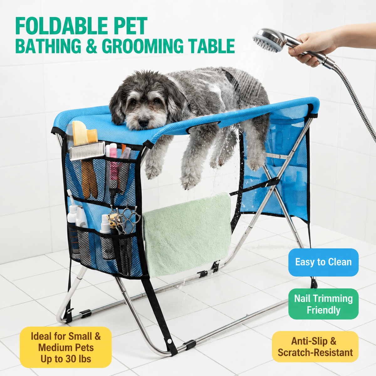 Pink foldable pet grooming table with mesh top, restraint strap and towel bar