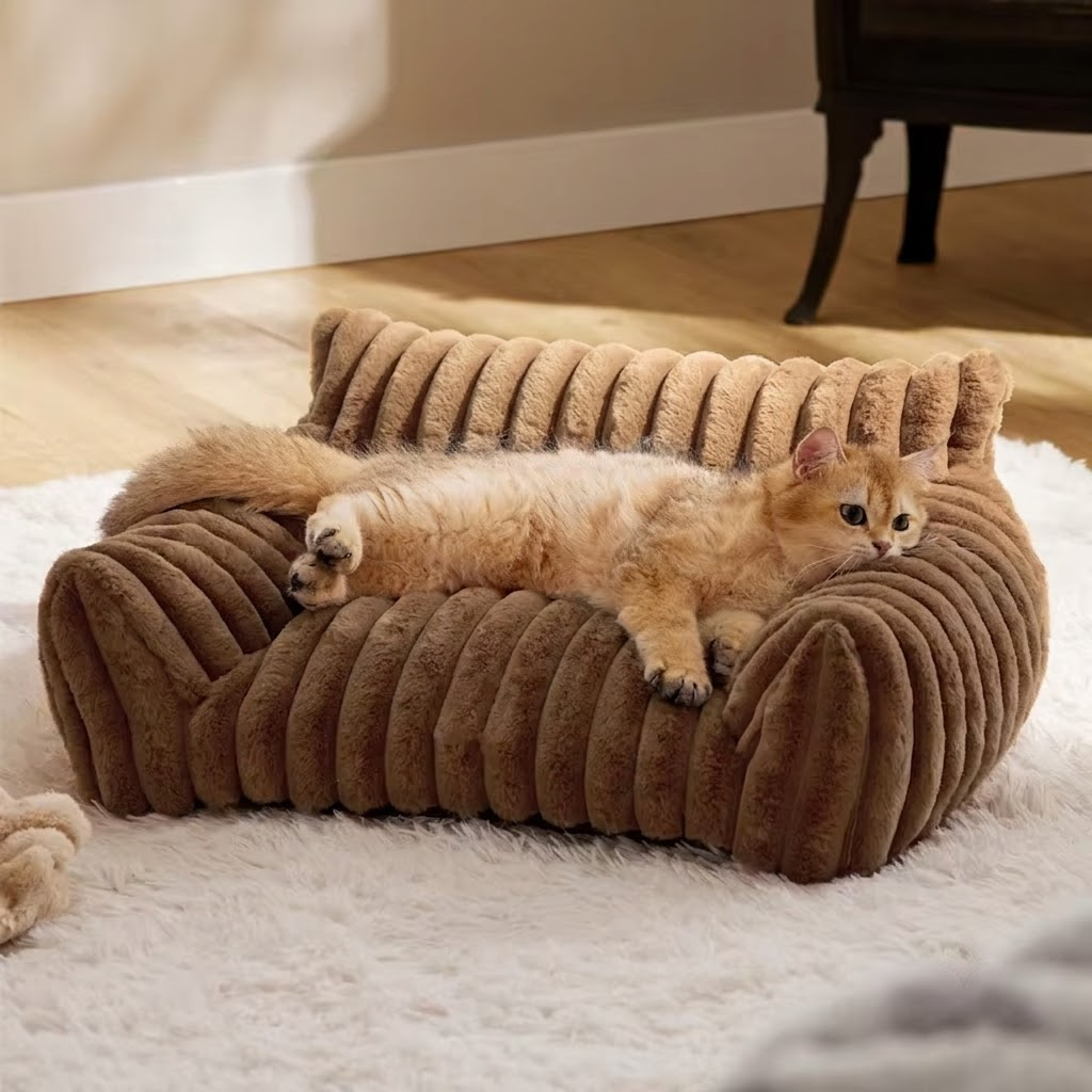 Brown faux fur pet sofa bed with raised bolster sides and deep cushion