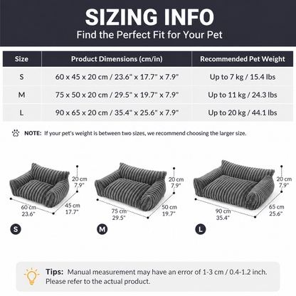 Brown faux fur pet sofa bed with raised bolster sides and deep cushion