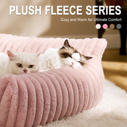 Brown faux fur pet sofa bed with raised bolster sides and deep cushion