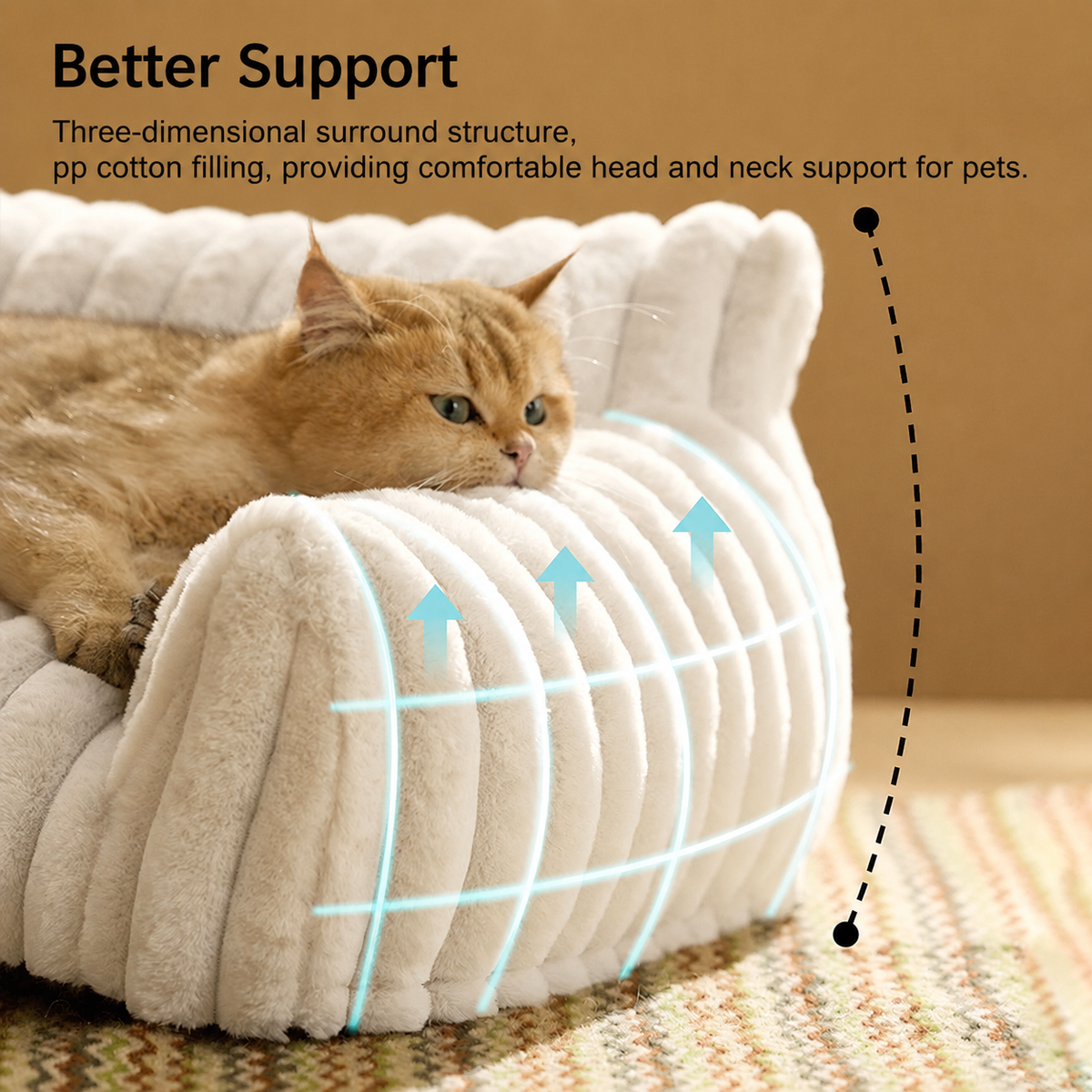 Brown faux fur pet sofa bed with raised bolster sides and deep cushion