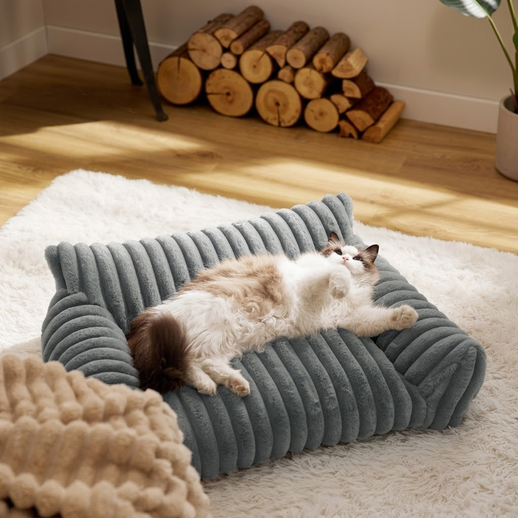 Brown faux fur pet sofa bed with raised bolster sides and deep cushion