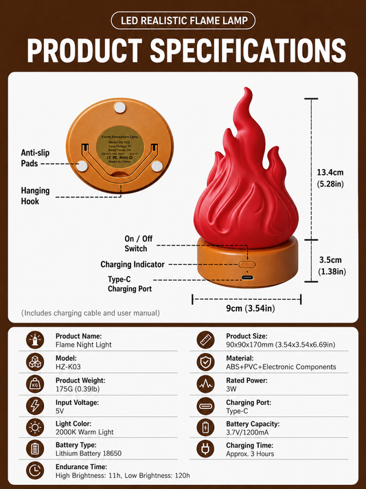 Red LED flame night light with cylindrical base