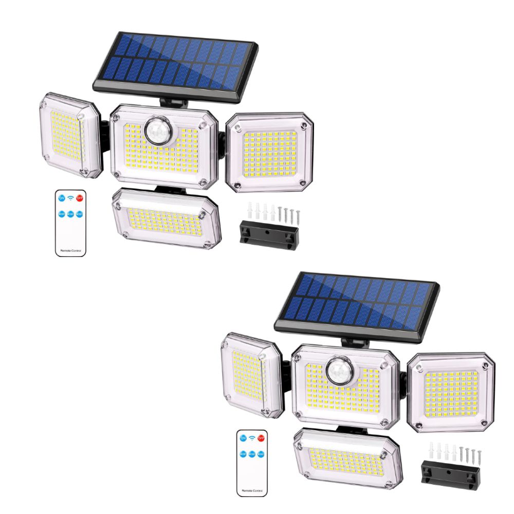 Four-head solar motion sensor wall light with separate solar panel and adjustable heads