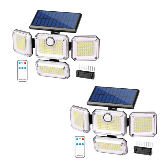 Four-head solar motion sensor wall light with separate solar panel and adjustable heads