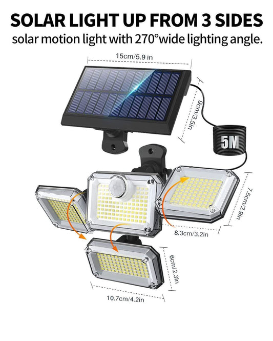 Four-head solar motion sensor wall light with separate solar panel and adjustable heads