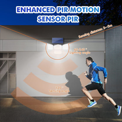 Four-head solar motion sensor wall light with separate solar panel and adjustable heads