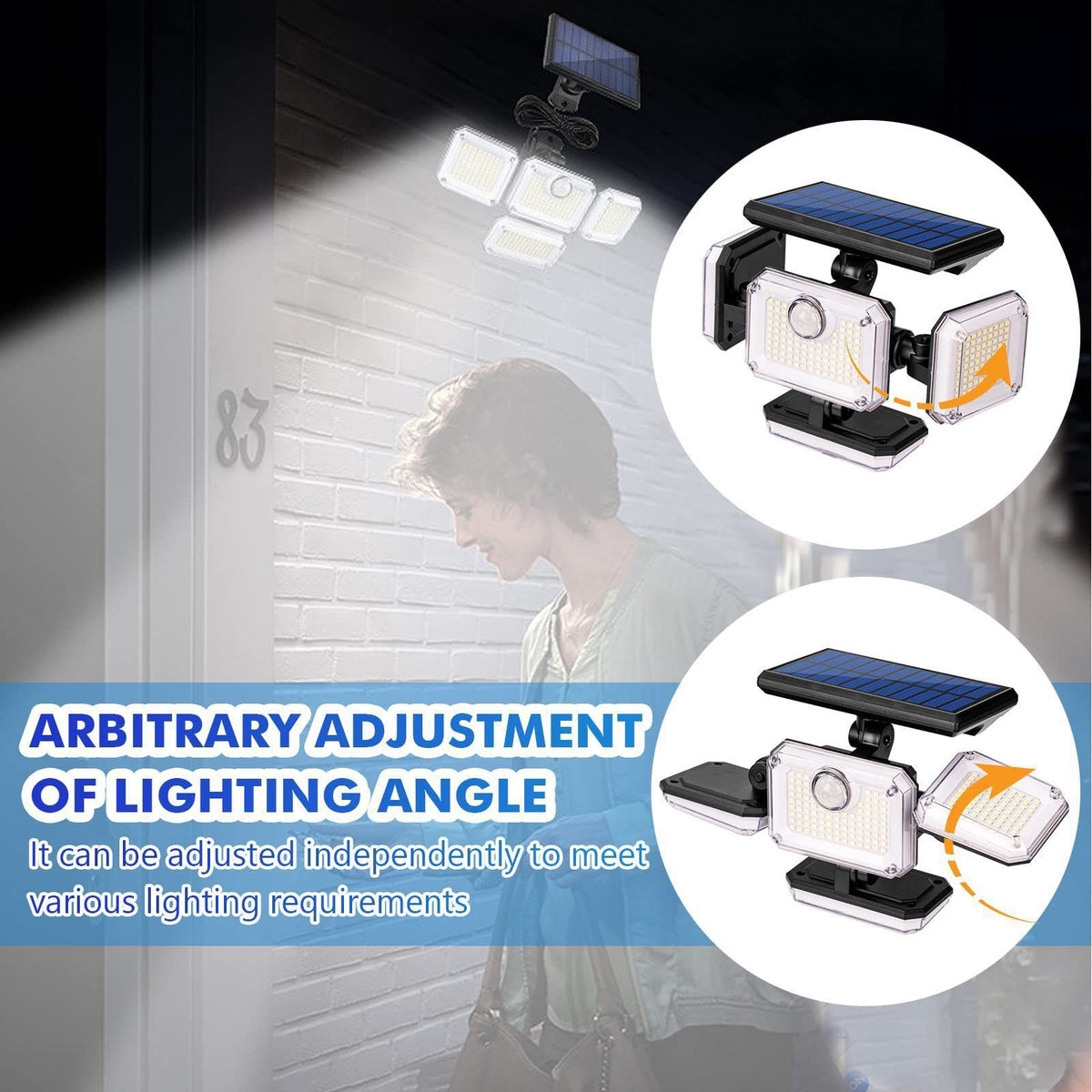 Four-head solar motion sensor wall light with separate solar panel and adjustable heads