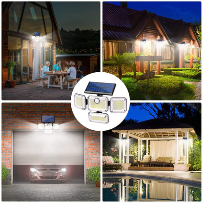 Four-head solar motion sensor wall light with separate solar panel and adjustable heads