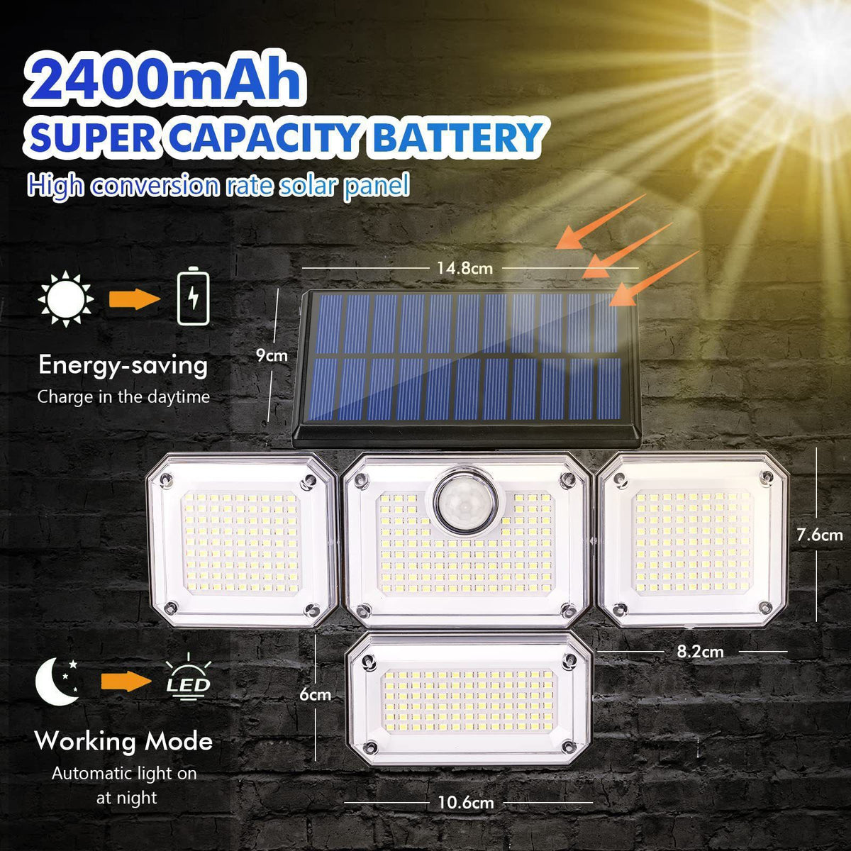 Four-head solar motion sensor wall light with separate solar panel and adjustable heads